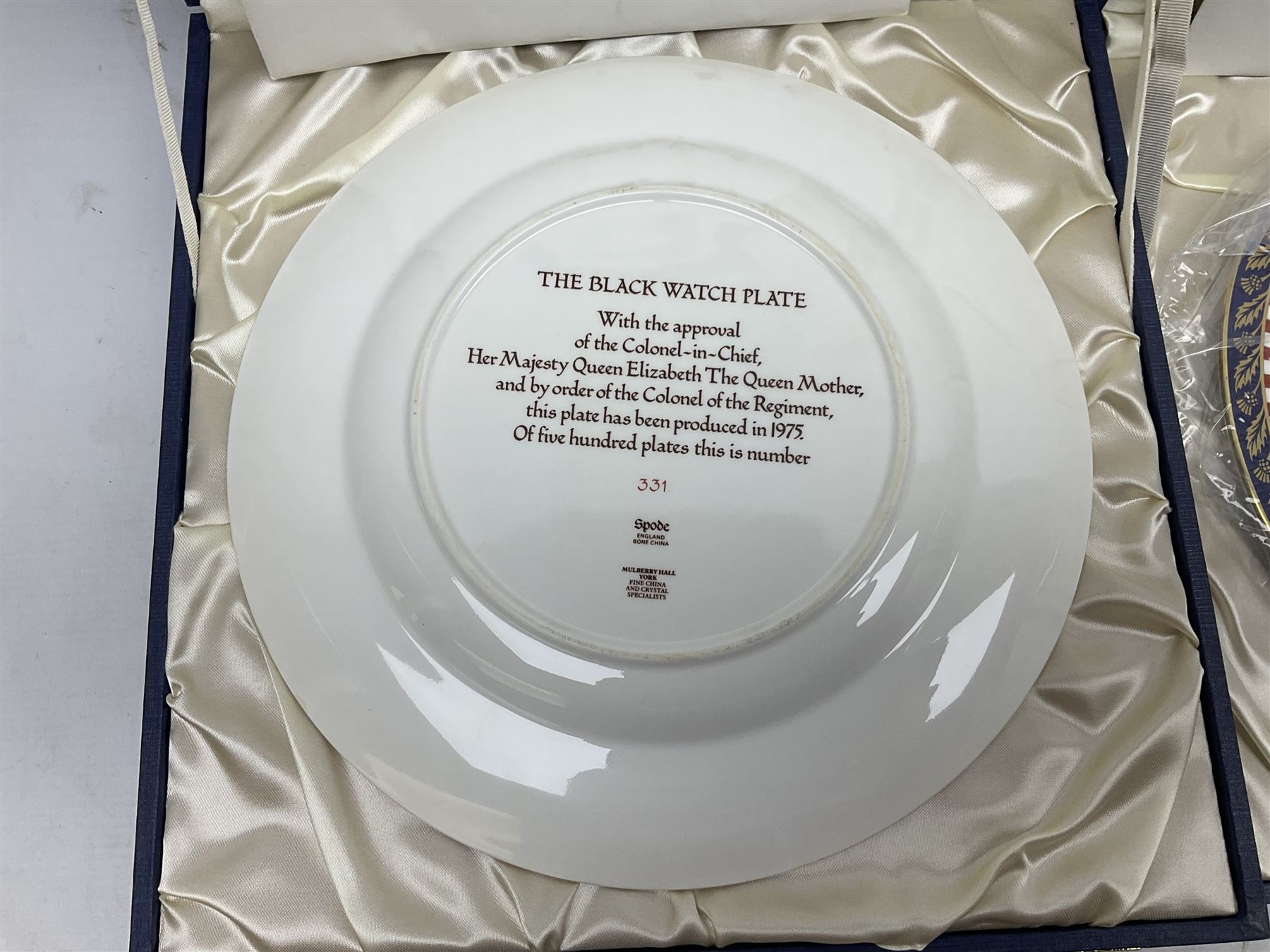 Five Spode Mulberry Hall limited edition Regimental commemorative plates - Argyll & Sutherland Highlanders No.9/500; Cheshire Regiment No.352/500; Kings Own Scottish Borderers No.113/500; Black Watch Royal Highland Regiment No.331/500; and Royal Welch Fusiliers No.309/500; all boxed with certificates (5)