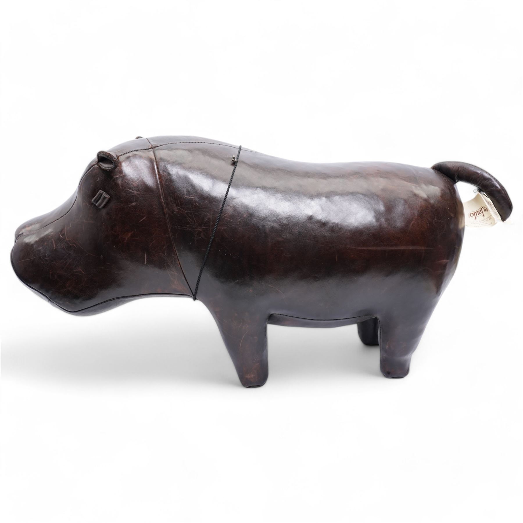 Omersa leather footstool in the form of hippopotamus, with silver 'The World of Thomas Sabo' charm collar, with original retail card tag, W80cm 
