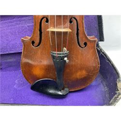 German trade violin c1900 the 36cm two-piece maple back impressed 'Stainer', maple ribs and spruce top, bears label 'Jacobis Stainer in Absam prope Oenipontum 17**' L59cm; in carrying case marked 'The Improved Dome' with bow