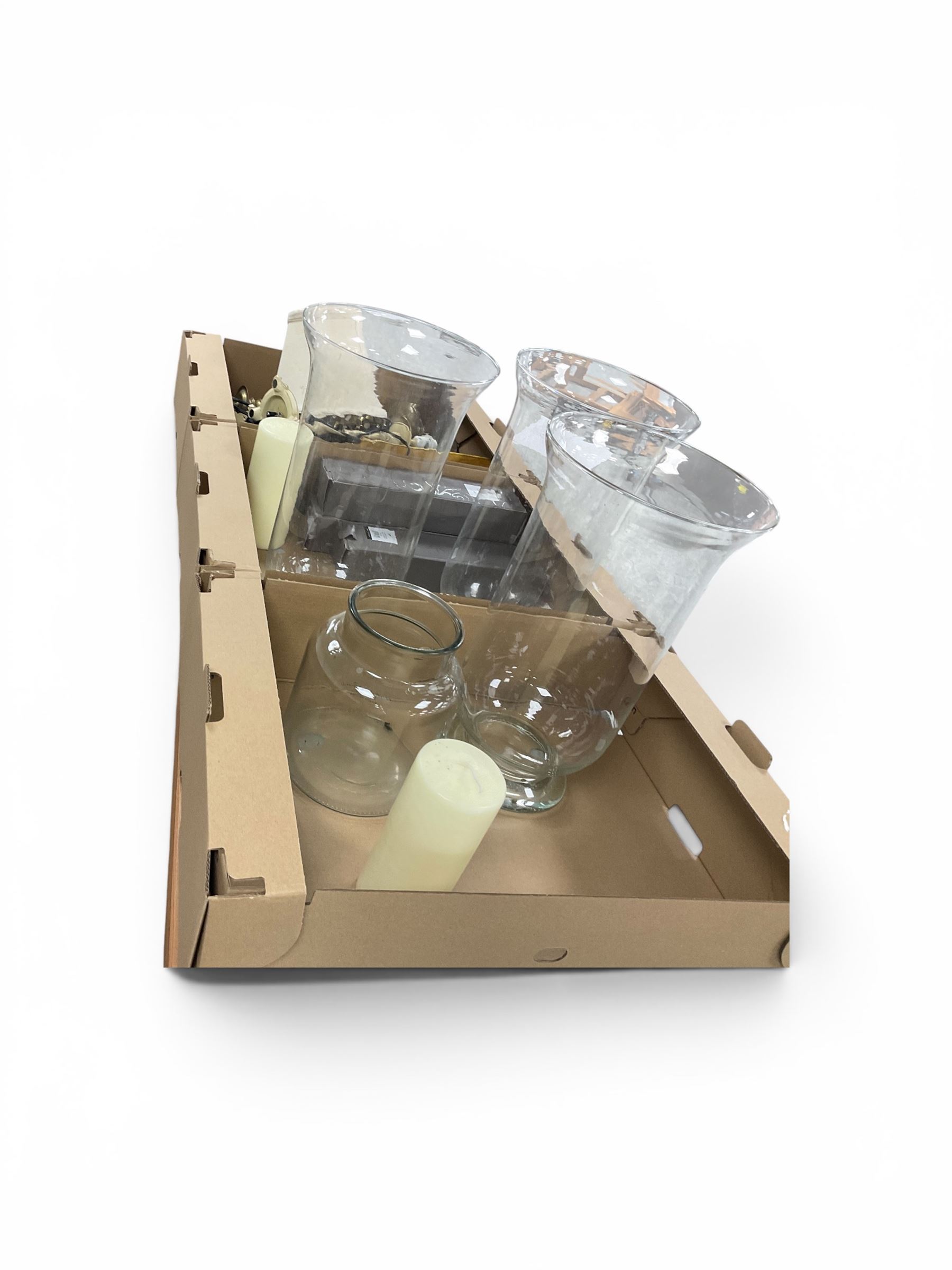 Three glass candle holders, together with a table lamp and other collectables 