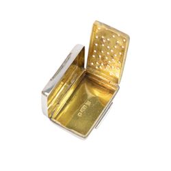 William IV silver vinaigrette, of rectangular form with engine turned decoration to hinged cover, opening to reveal gilt interior with engraved hinged compartment, hallmarked Francis Clark, Birmingham 1838, L3.5cm