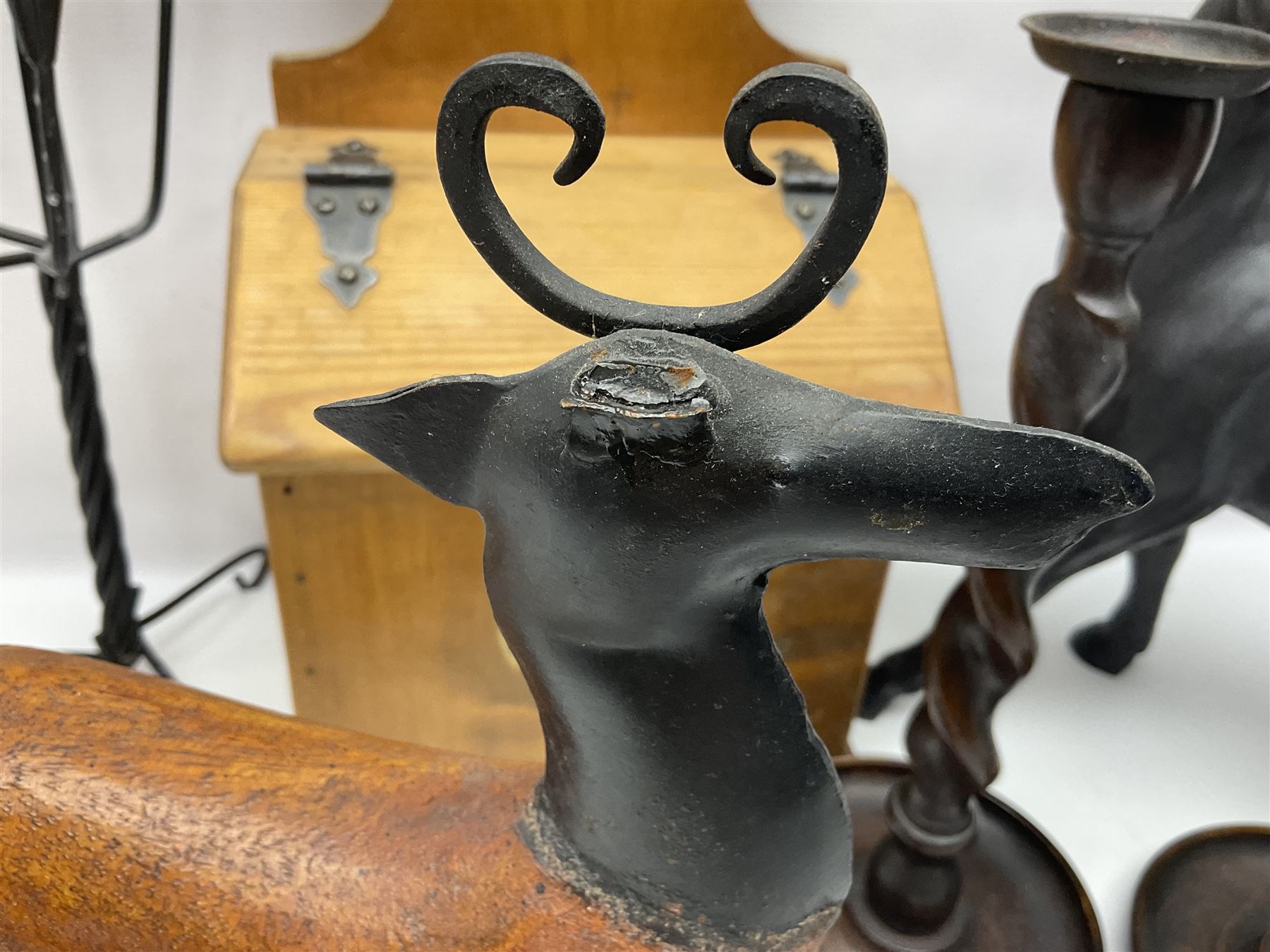 Wooden candle box, together with two barley twist candlesticks, carved duck and other collectables 