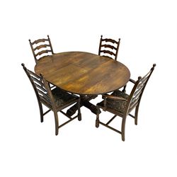 Oak circular extending dining table,raised on turned and foliate carved baluster pedestal on quadriform base (W116cm H75cm); and set four (2+2) oak dining chairs, waived ladder back over floral patterned drop in seat, raised on turned supports (W56cm D46cm H102cm)