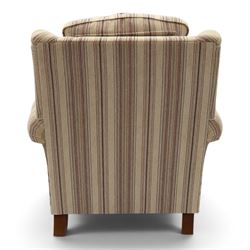 Parker Knoll - contemporary 'Henley' lounge suite comprising grande two seat sofa and wingback armchair, traditional wing shape over rolled arms and turned feet, upholstered in striped fabric