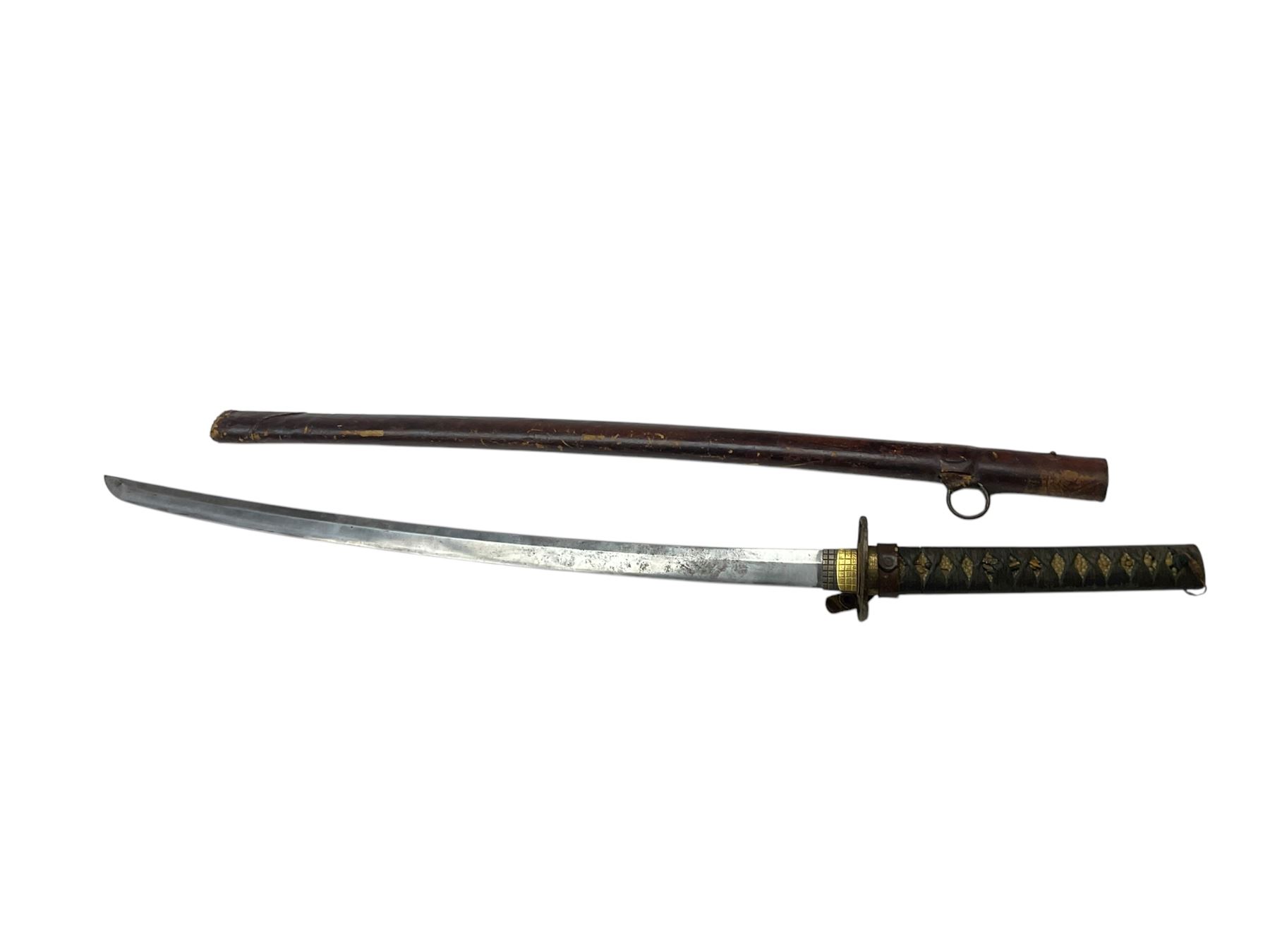 Japanese Army Officers Gunto Sword,  with 64cm steel single edged blade, bronze tsuba and wrapped fish skin grip, in leather scabbard overall L87cm