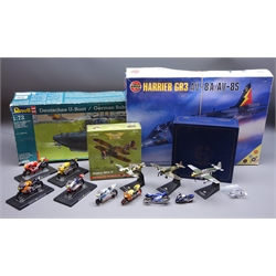  Corgi Aviation Archive 1:72 scale Gloster Gladiator Mk.II - HE-G, N5641, No.263 Sqn, boxed, Oxford De Havilland D.H.89 Dragon Rapide G-AFEZ (B.E.A.), boxed with slipcase, three unboxed Amer Com die-cast WW2 aircraft on stands, Revell 1:72 scale model kit of a German Submarine VIIC/41 with German Naval Crew figures, Airfix 1:24 scale model kit of a Harrier GR3, both boxed, and eight models of motorcycles  