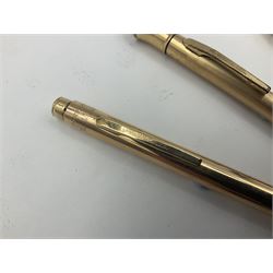 Five gold filled Wahl Eversharp propelling pencils, together with a silver propelling pencil, hallmarked London 1946, J.M.Co Johnson, Matthey & Co, and two further gold filled propelling pencils, one with box, largest L13cm (8)