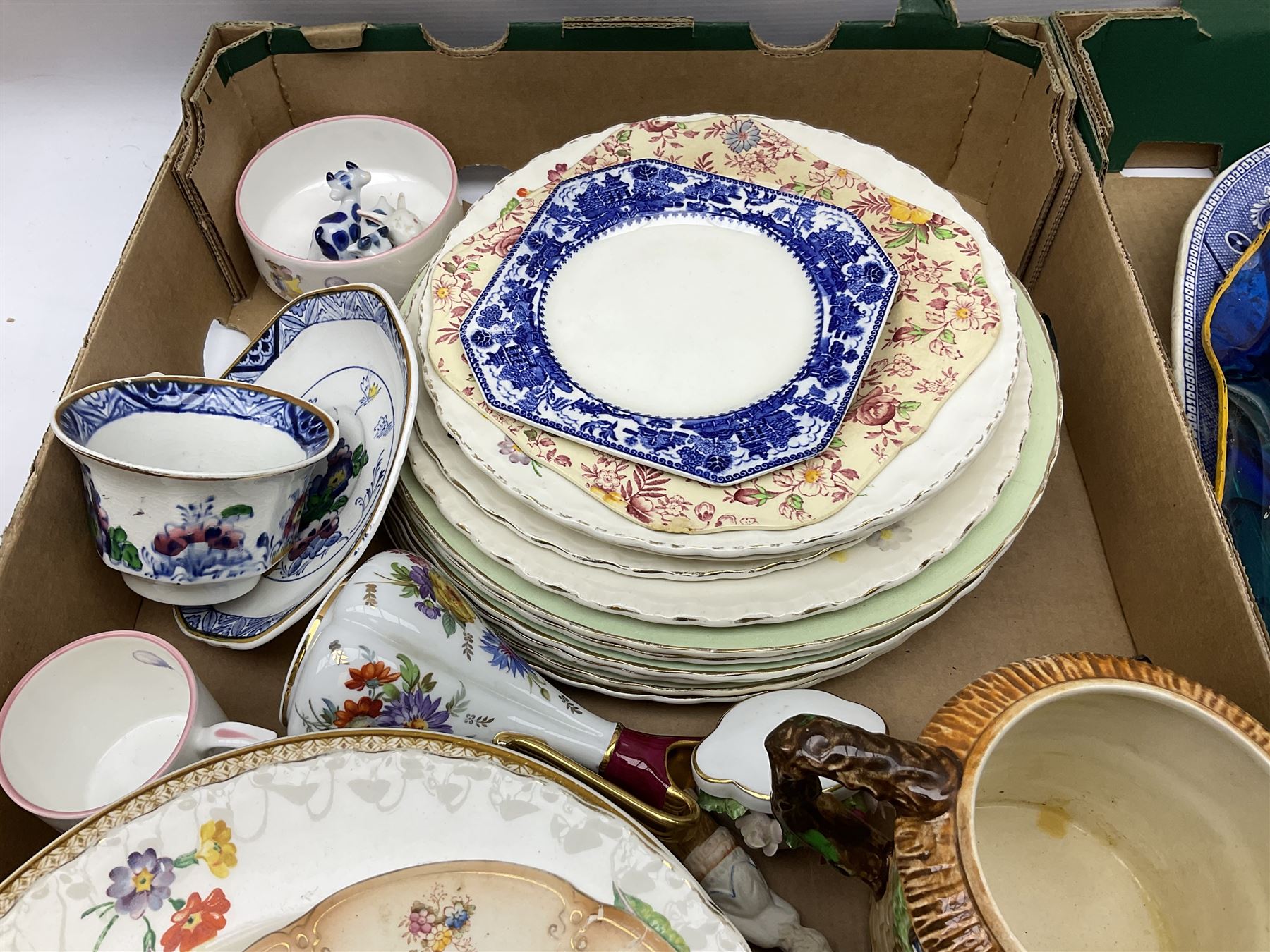 Large quantity of Victorian and later ceramics to include Spode Velamour twin handled vase, Bavaria Schumann Arzberg large circular stand and vase, Beswick Ware,  Spode, blue and white, Hanley and G Meakin, tea wares, figures, West German vase etc in six boxes