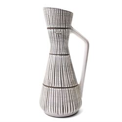 Whitefriars 'Controlled Bubble' vase, in the Twilight colourway, H19.5cm; together with a West German pitcher, H37cm, and Poole pottery twin handled dish, D28cm (3)