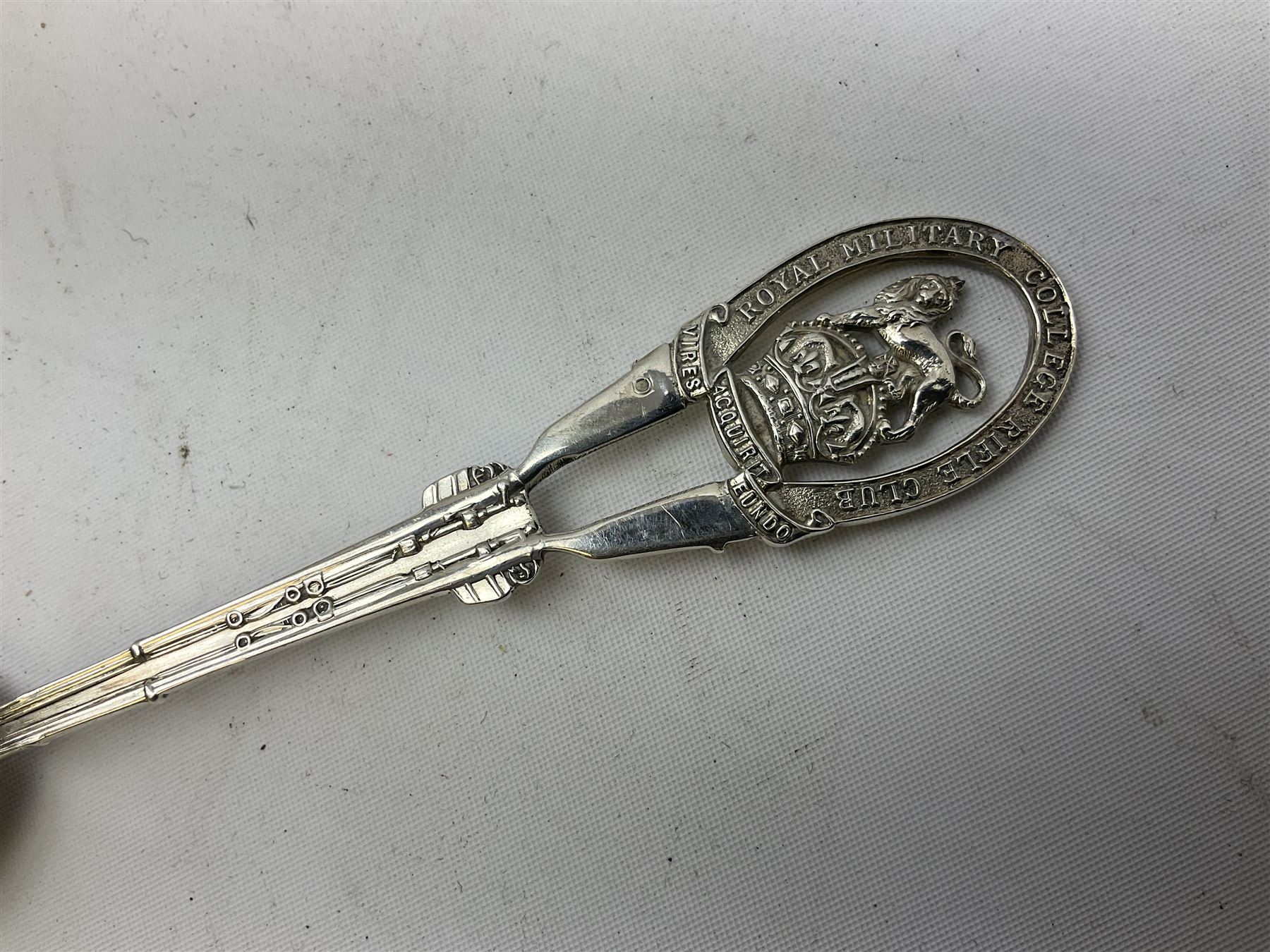 Three hallmarked silver shooting spoons including Royal Military College Rifle Club, Eastern Command S. of M. Hythe etc (3)