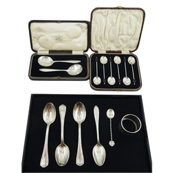 Pair of silver christening spoons by Cooper Brothers & Sons Ltd, Sheffield 1929 cased, four silver teaspoons and coffee spoon stamped sterling, silver napkin ring and six coffee bean spoons, hallmarked