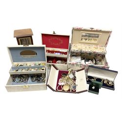 9ct gold cased ladies wristwatch by Sovereign, hallmarked, silver jewellery including earrings and an abelone bangle and a collection of costume jewellery including enamel earrings, necklaces, rings, brooches and wristwatches in six jewellery boxes 
