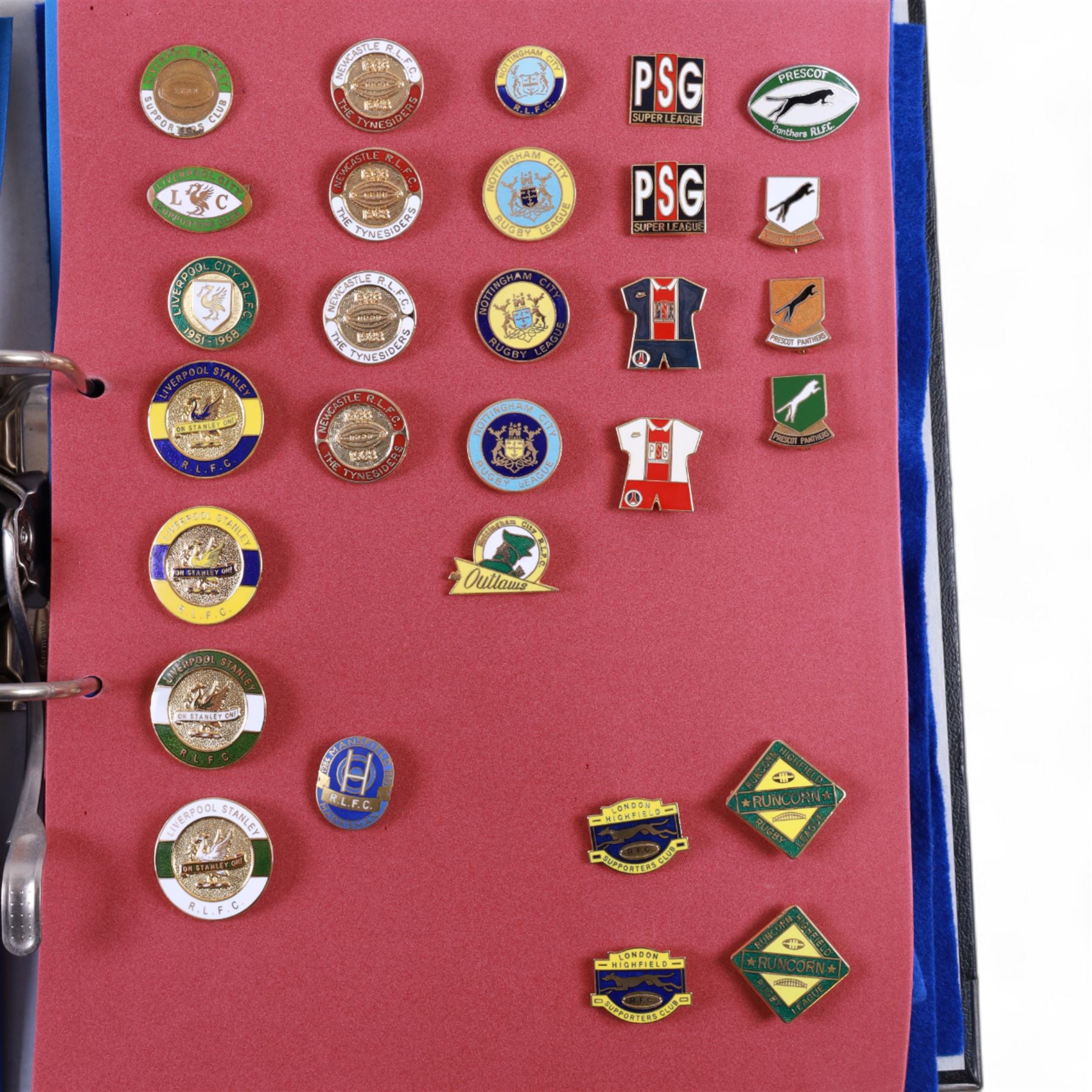 Rugby league enamel badge collection, from clubs including Leeds Rhinos, Lancashire Lynx, Leigh Centurions, London Broncos, Trafford Borough,Toulouse,  Belle Vue Rangers, Carlisle, Nottingham City Outlaws, housed in two folders, (approximately 280)