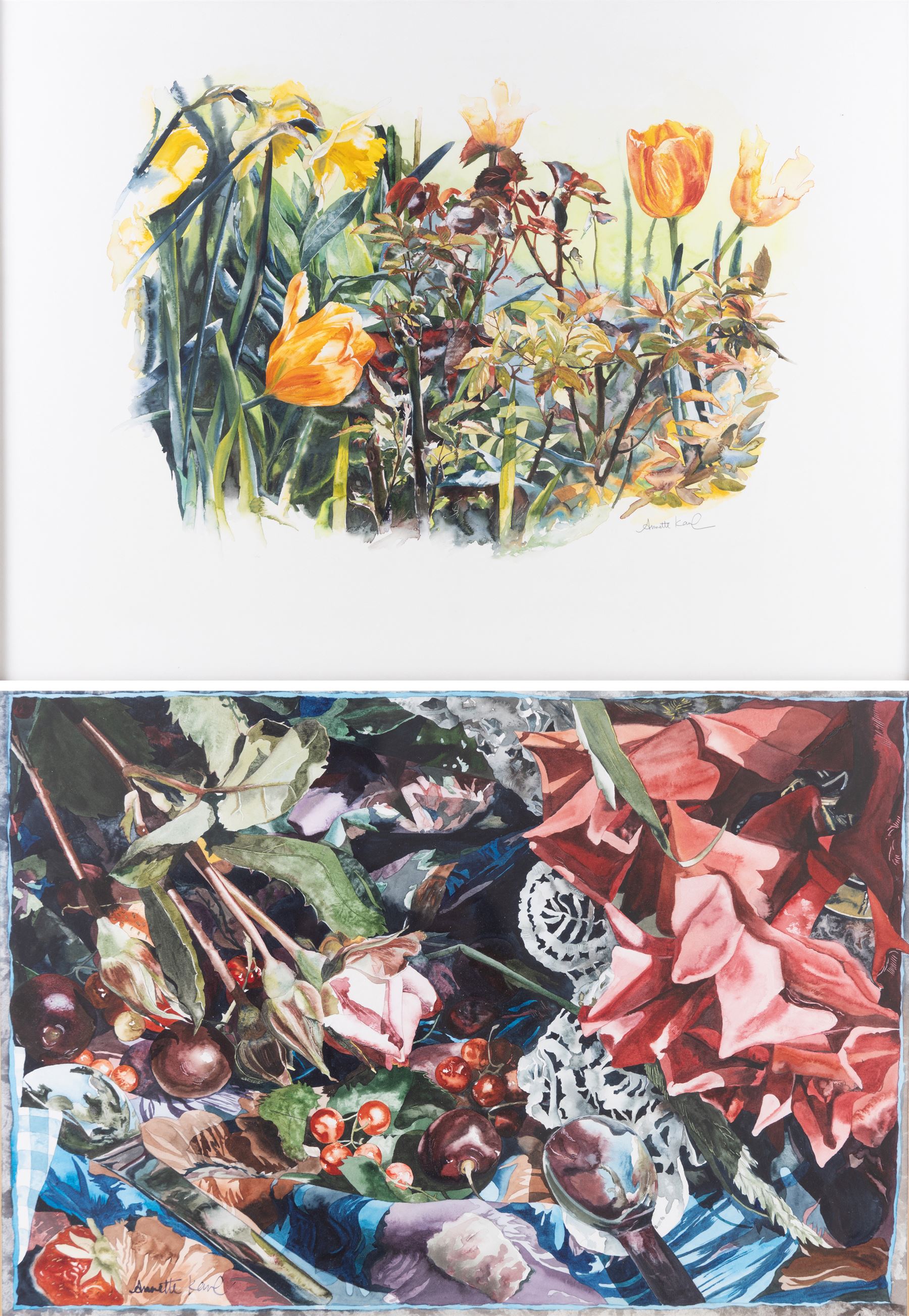 Annette Kane (British 1955-): 'Two Spoons' and Still Life of Tulips, two watercolours signed, one titled verso, 33cm x 48cm and 55cm x 74cm (2)