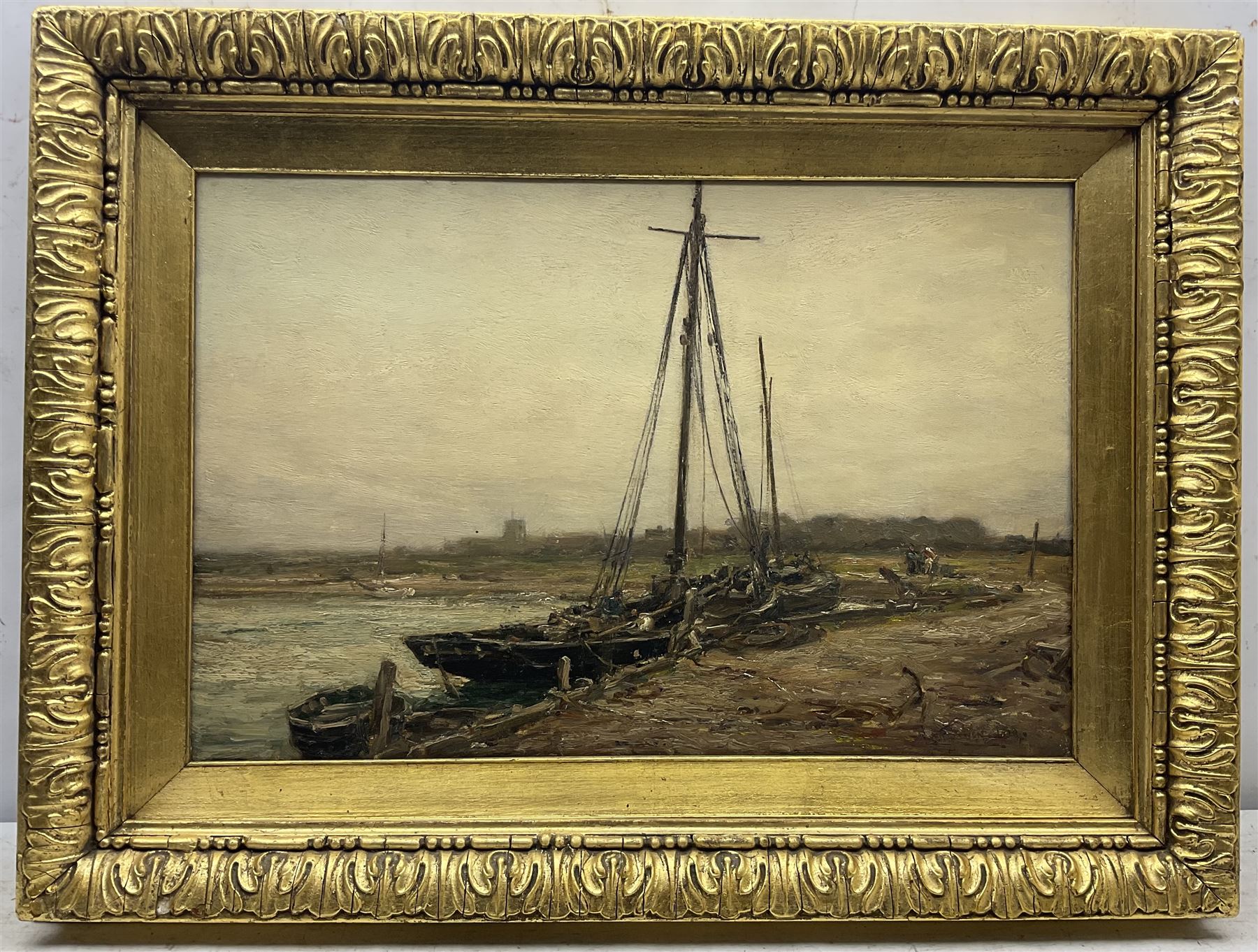 Owen Bowen (Staithes Group 1873-1967): Barges at the Riverside, oil on canvas signed and dated 1909, 40cm x 60cm