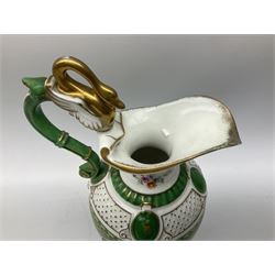 Victorian ewer with swan handle, hand painted with a pair of birds in a naturalistic setting, with floral decoration and gilt detail, together with Victorian dessert dish with turquoise and gilded detail and a hand painted naturalist scene in the centre, and a twin handled Victorian dish with twin handles and gilt detail, ewer H31cm