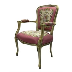 Near pair of French Louis XVI design lacquered hardwood-framed parlour elbow chairs, moulded flower head cresting rail over scrolled arm terminals, back and seat upholstered in prink and fuchsia floral and urn decorated tapestry fabric, on cabriole supports, in craquelure cream finish with painted gilt piping