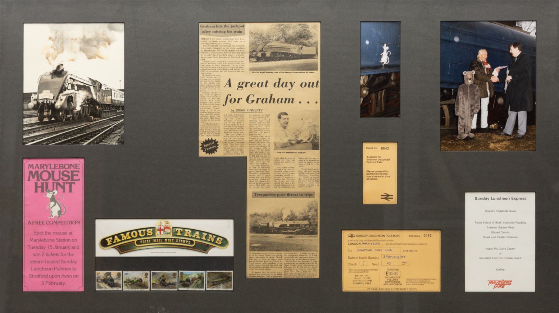 Terence Cuneo (British 1907-1996): Mouse, ink and wash on paper inscribed and signed, on backing 48cm x 30cm; together with a framed collection of associated ephemera, including photographs, press cuttings, competition flyer, Pullman luncheon tickets and menu, documenting the event and prizewinner’s excursion
Notes: the mouse is the original artwork affixed to the locomotive for the 1985 British Rail Marylebone Mouse Hunt, as pictured in the photograph