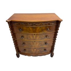 Victorian mahogany bow front chest, fitted with four drawers, spiral turned pilasters, on turned feet