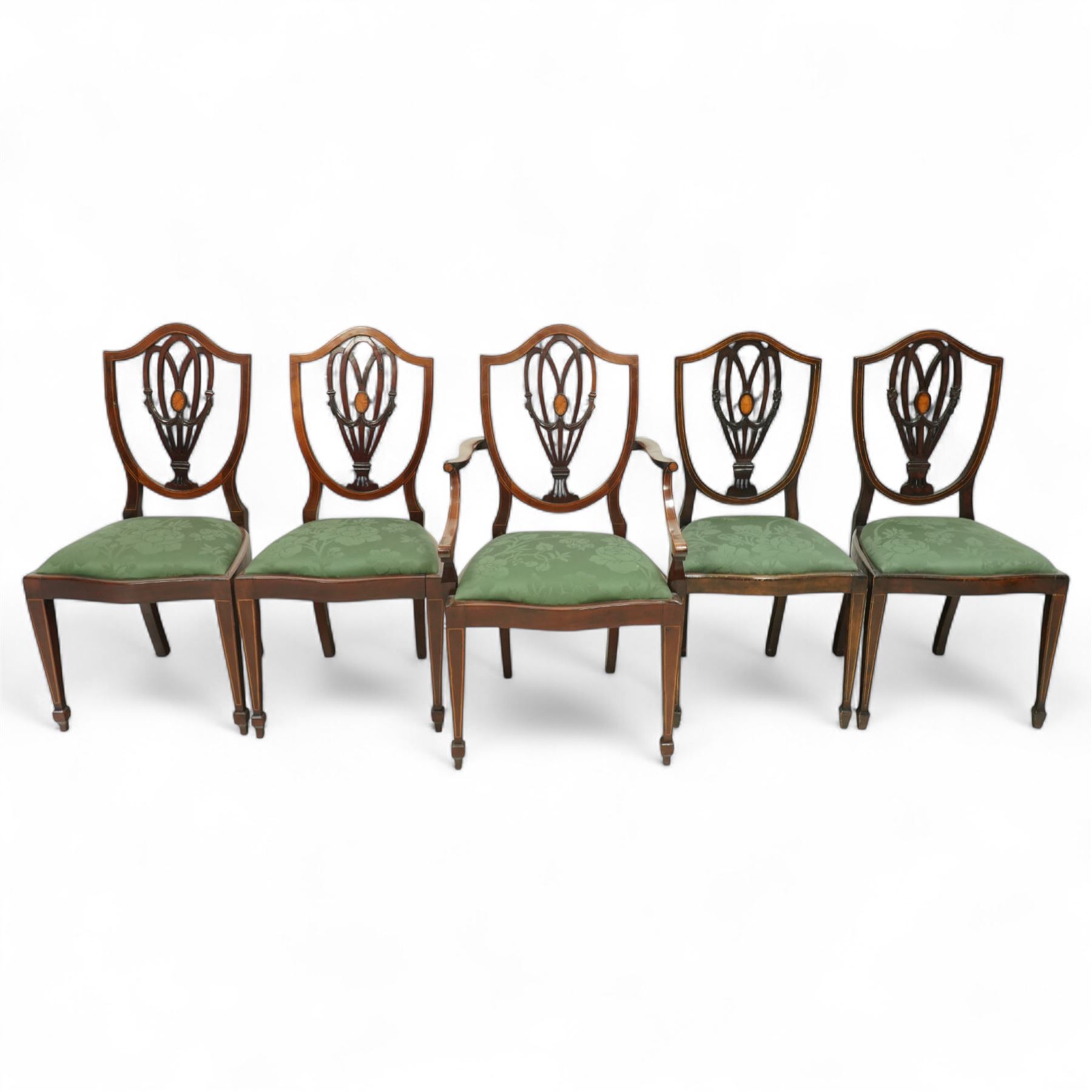 Hepplewhite design mahogany set of ten dining chairs, two carvers and eight dining chairs, with inlaid oval medallion to the vase splat, green upholstered drop-in seats, on square section tapering supports with spade feet, including two carvers