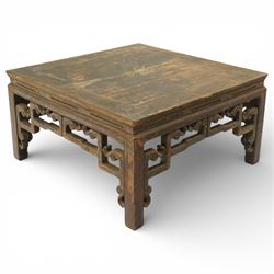 Chinese hardwood Mahjong table, square top with inset panel above a carved openwork frieze...