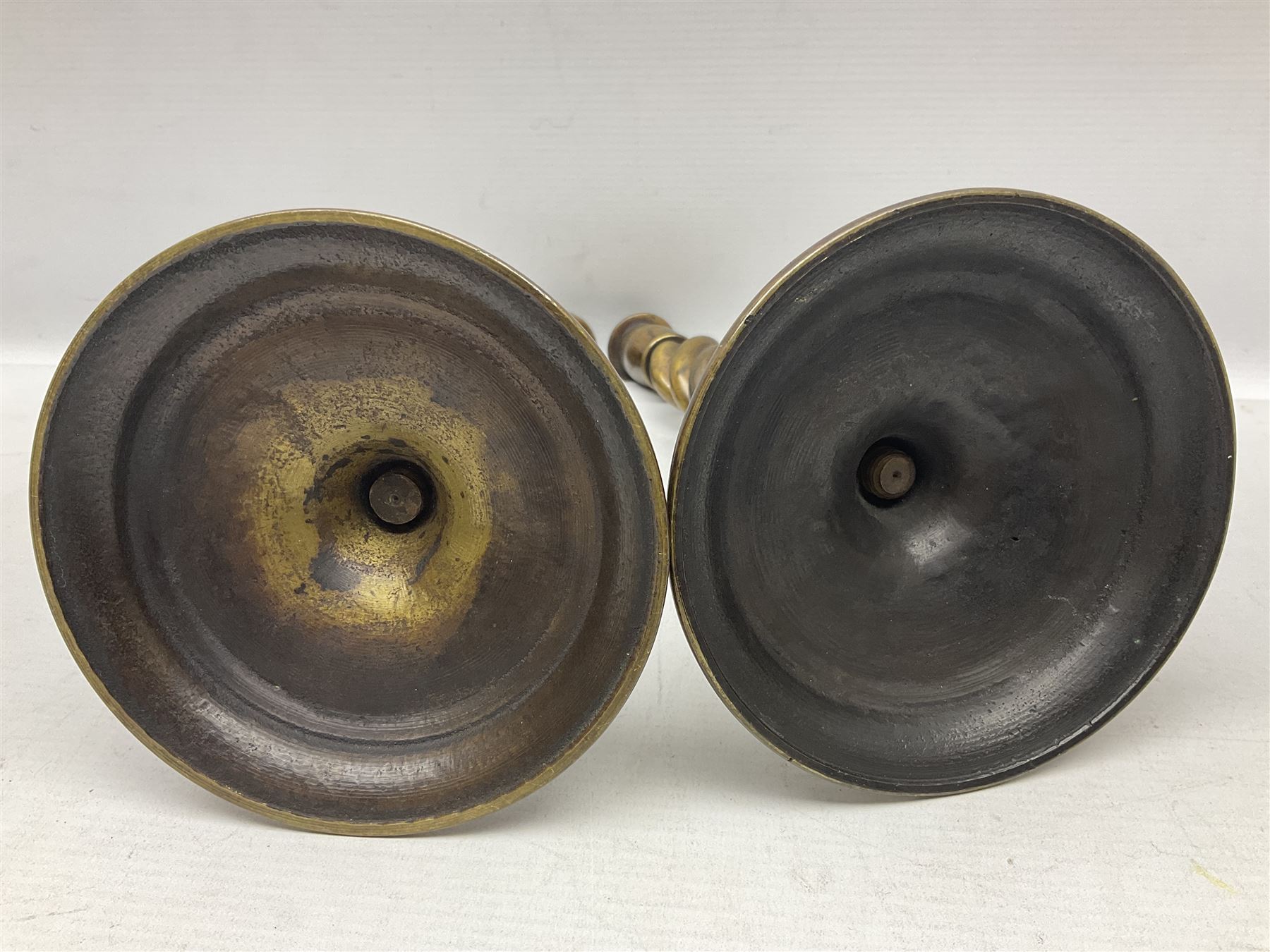 Pair of Victorian brass barley twist candle sticks, H30cm