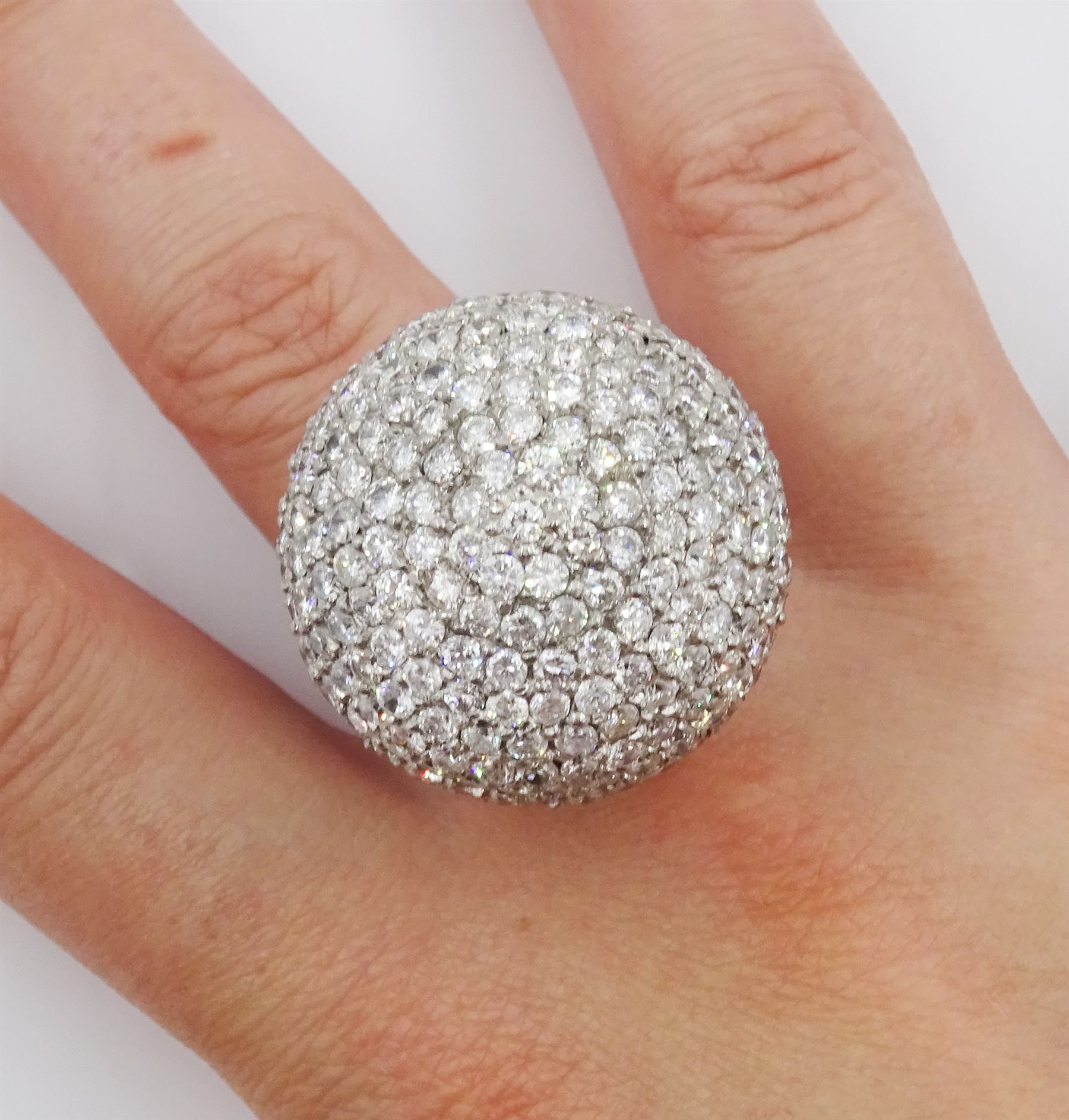 Palladium pave set round brilliant cut diamond ball ring, hallmarked, total diamond weight approx 15.00 carat