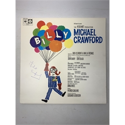  Michael Crawford signed 'Billy' vinyl sleeve (with vinyl record) and various other autographs including 'Annual Fete' flyer signed by some of the cast of the Archers in the 1960s, Monty Crick signed photo, Anona Winn signed photo, 'Civic Ball' menu signed by Richard Todd etc   Folder with various autographs and signed record  
