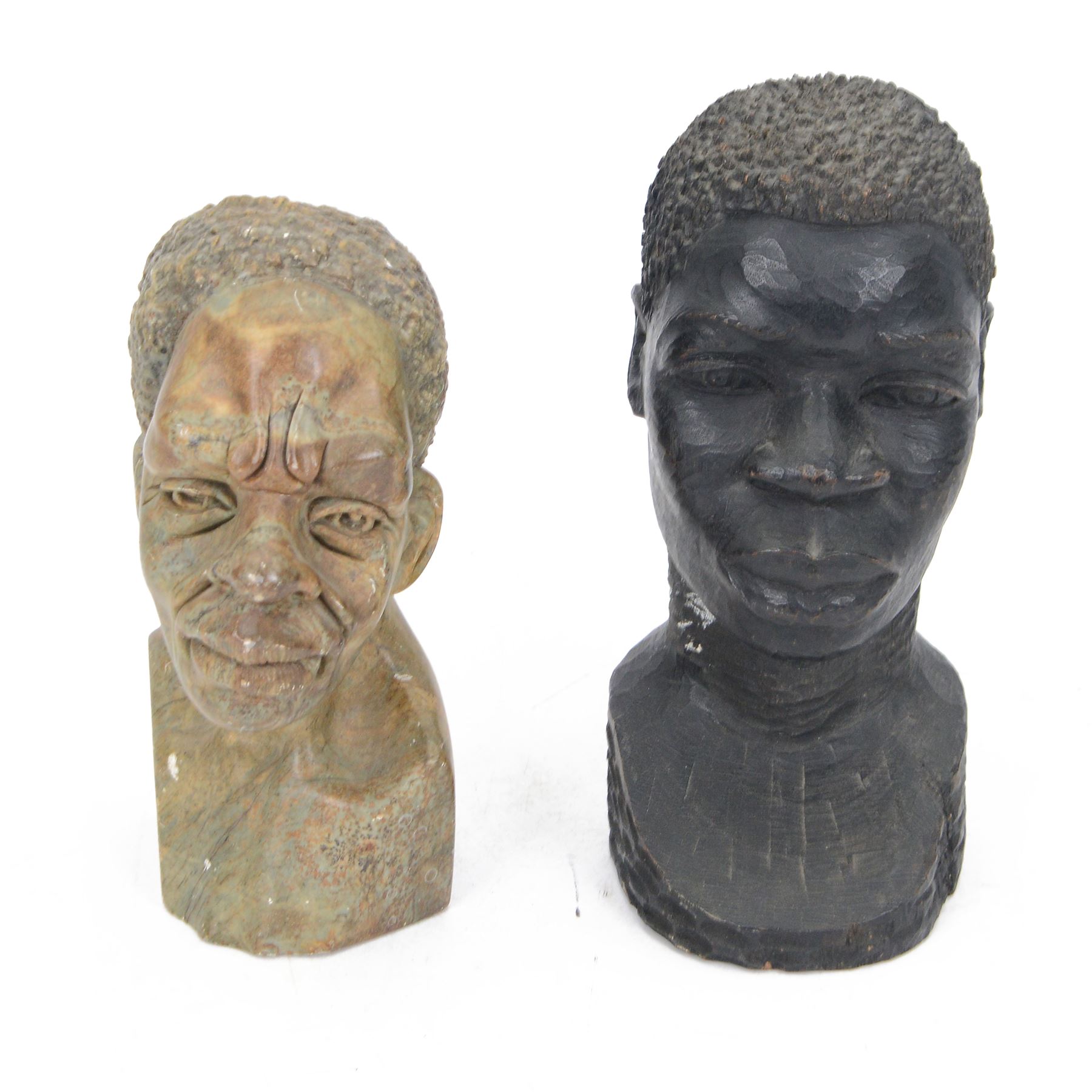 Hand carved soap stone African bust, together with a hardwood bust, stone bust H20cm 