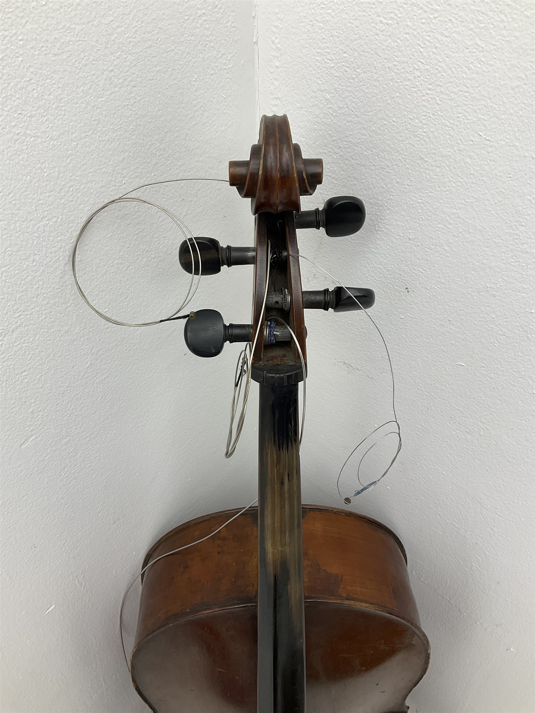 German Saxony three-quarter size cello for restoration, c1920, with 69cm two-piece maple back and ribs and two-piece spruce top, L111cm overall; with bow and canvas carrying case