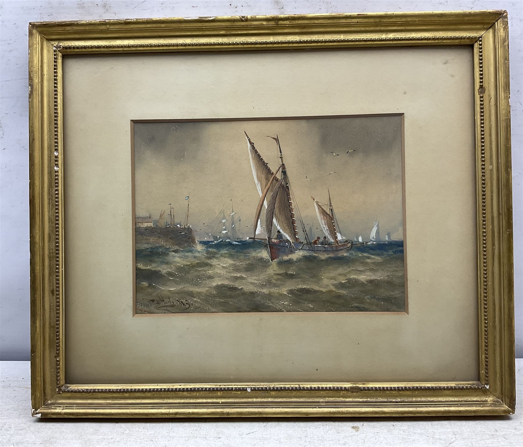 Attrib. Thomas Bush Hardy (British 1842-1897): Returning to the Harbour, watercolour heightened with white signed and dated 1885, 21cm x 30cm 