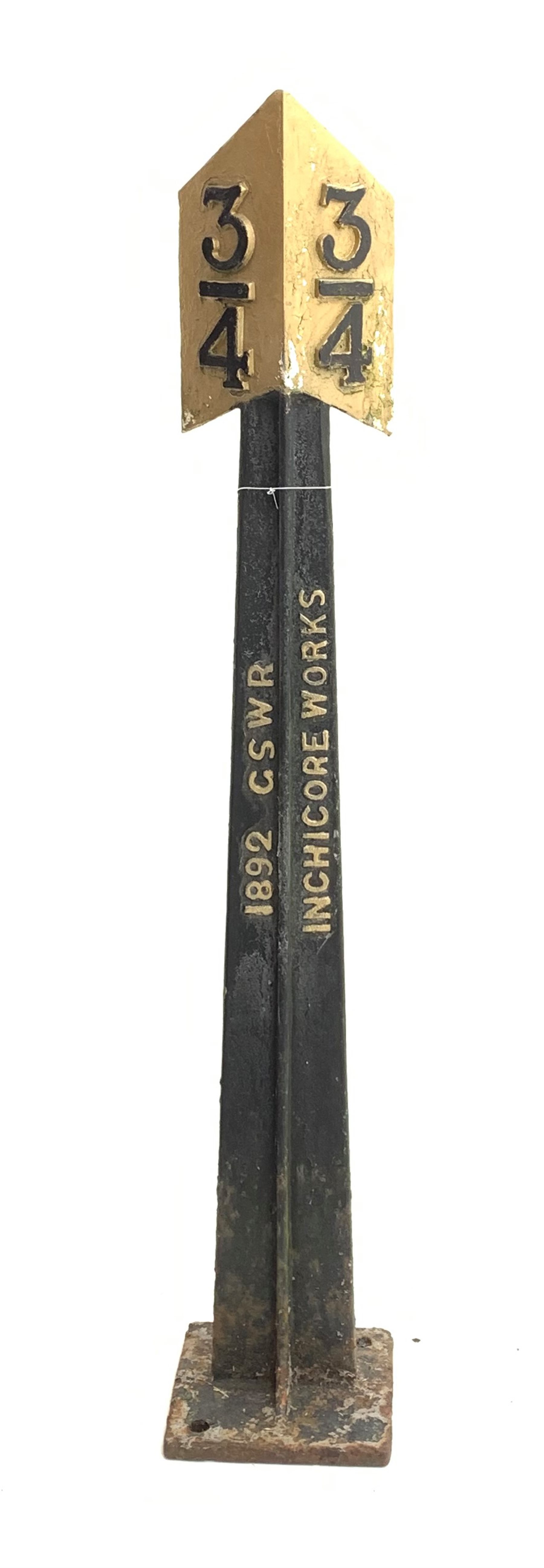 Railway cast-iron three-quarter mile pedestal marker with two-sided angular top, the pedestal cast '1892 GSWR Inchicore Works' H135cm