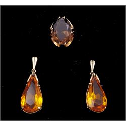 9ct gold oval smoky quartz ring, hallmarked and pair of gold-plated orange stone set pendant stud earrings