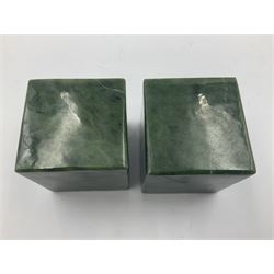 Pair of cube jade mineral specimens, each cut and polished to highlight natural formations, H5cm