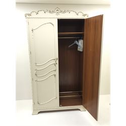Late 20th century French style white and gilt double wardrobe,  shell carved cresting rail, two doors enclosing fitted interior, shaped bracket supports