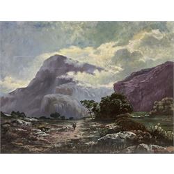 GT Wood (Continental 20th century): Trekking in the Mountains, oil on canvas signed and dated 1990, 77cm x 102cm (unframed)