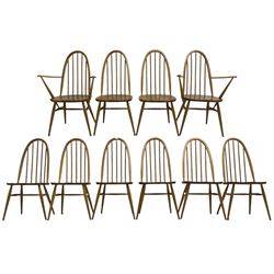 Ercol - light elm and beech set of ten (8+2) 'Quaker Windsor' dining chairs, high hoop and stick back over splayed supports united by H-stretcher, with foliate patterned crimson loose seat cushions