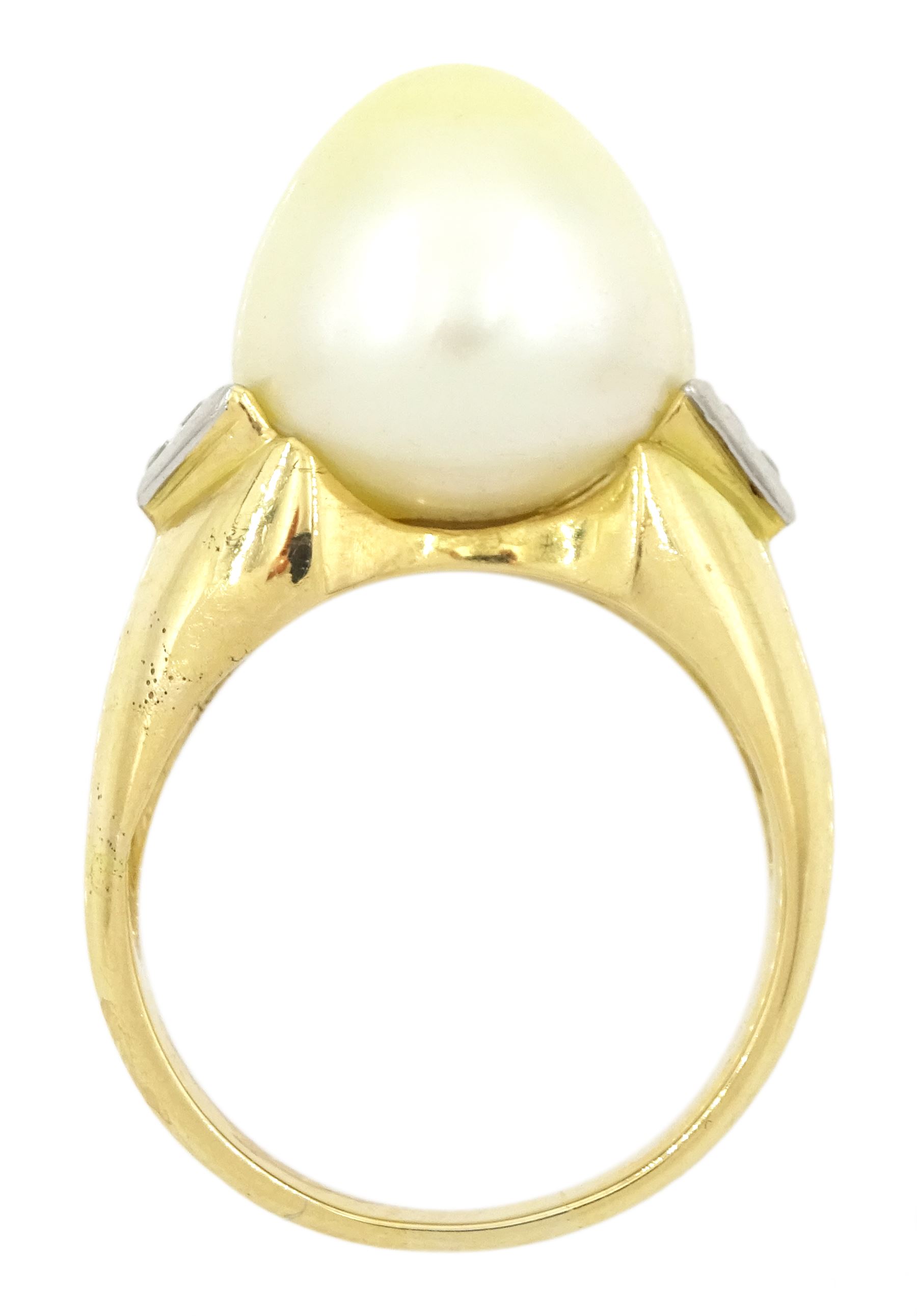 French 18ct gold three stone cultured pearl and trilliant cut diamond ring, Eagle hallmark, total diamond weight approx 0.40 carat