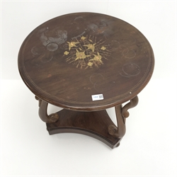  20th century inlaid mahogany circular lamp table, three carved swan neck supports joined by solid undertier, D56cm, H63cm  