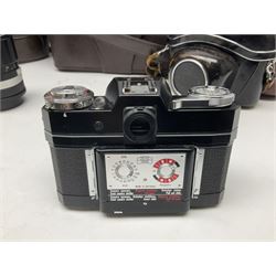 Four Zeiss Ikon camera bodies, to include, Contaflex Super B camera body, serial no. B31591, with 'Carl Zeiss Tessar 2.8/50 lens, serial no.3425553, Contaflex Super BC camera body, serial no. P81728, with 'Carl Zeiss Tessar 2.8/50' lens, serial no 4822280, etc, together with three cased lenses; 'Carl Zeiss Pro-Tessar 1:4 f=115mm' lens, serial no 3734740, 'Carl Zeiss Pr-Tessar 1:3.2 f=85mm' lens, serial no. 3647764 and 'Carl Zeiss Pr-Tessar 1:3.2 f=35mm' lens, and other Zeiss Ikon equipment 
