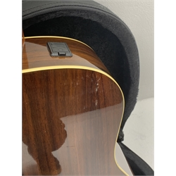  Yamaha model LLX6A acoustic/electric guitar with rosewood back and sides and spruce top, fitted with Yamaha tuner, serial no. QPH150011, L104cm, in hard carrying case. From the collection of the late John Burgess of Beverley who played in the bands Penjants, Wine, Strollers, Revox, Sound Foundation, Pickle Belly Alley, Ragamuffins and Jerryattricks.