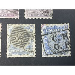 Great Britain Queen Victoria 1883-4 stamps, comprising three two shillings and sixpence, two five shillings and two ten shillings, all used, all previously mounted