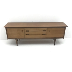Mid 20th century Younger teak sideboard, two cupboards flanking three graduating drawers on tapering supports, W209cm, H75cm, D50cm