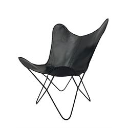 Metal framed butterfly chair upholstered in slung dark tan stitched leather 
