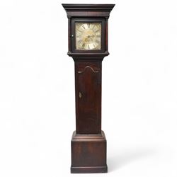 Cooper of Derby - Early 18th century 30hr oak longcase clock c1740, with a flat topped hood and plain frieze beneath, square hood door flanked by turned pilasters with wooden capitals, long trunk door with a wavy top on a square plinth with applied skirting, brass dial with cast spandrels and an engraved dial centre, chapter with Roman numerals, quarter hour markers, single steel hand and date aperture, chain driven countwheel striking movement, sounding the hours on a bell. With weight and pendulum.