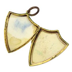 Edwardian 9ct gold shield design locket pendant, with bright cut foliate decoration, Birmingham 1908, gold single stone garnet ring and a 14ct gold knot brooch