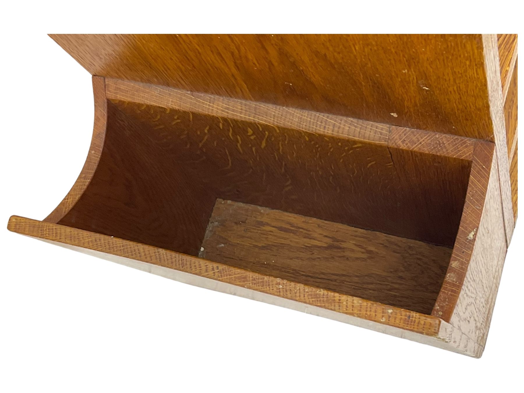 Craftsman made oak magazine table or HI-FI stand, moulded rectangular top over four shelves, flanked by two projecting holders