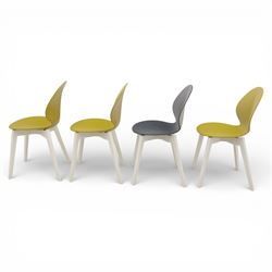 Calligaris - Connubia dining suite, comprising a 'Zeffiro' glass extending dining table and eight 'Academy' chairs, rectangular clear glass top with twin extension leaves extending to 220cm, mounted on white and ochre metal supports with central stretcher, together with eight matching moulded dining chairs with shaped seats and tapered legs