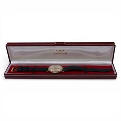 Marvin gentleman's 9ct gold quartz wristwatch, hallmarked, on black leather strap