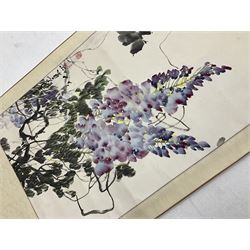 Oriental scroll painting, depicting a tree in blossom purple flower, L150cm